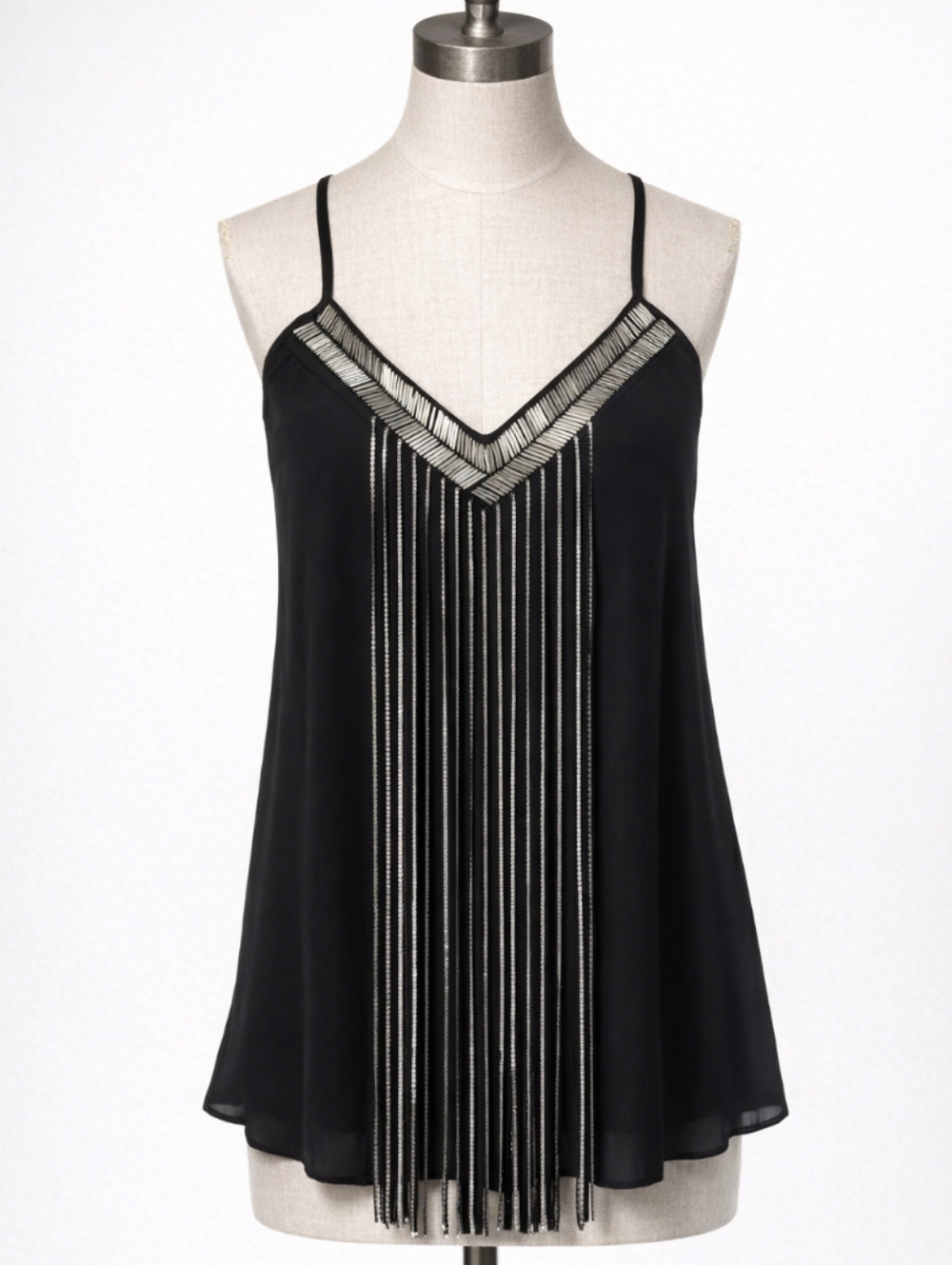 Vintage Beaded Fringe Tank Top Black Silver Metallic Chain Flapper Cami Medium